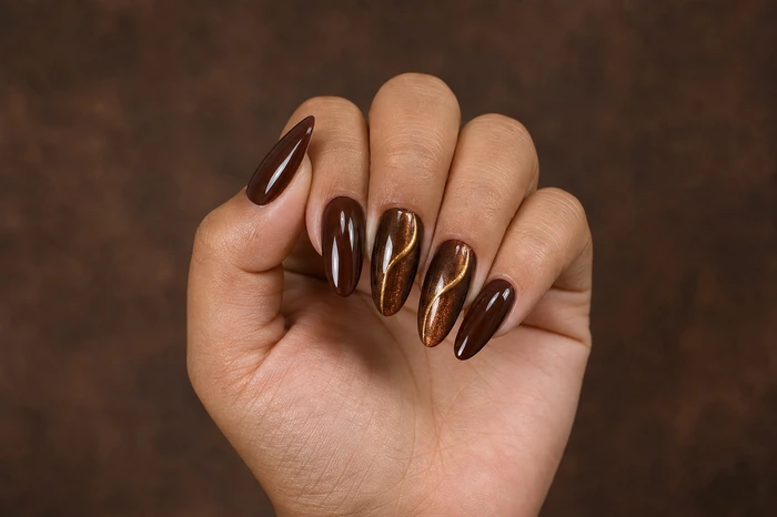 Long chocolate almond acrylic nails with bronze cat-eye detail