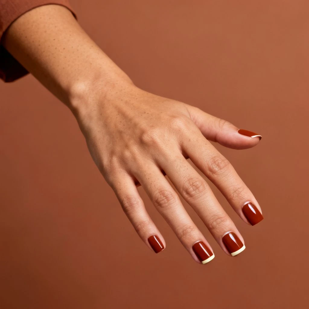Short rust square nails with a fine cream micro-French