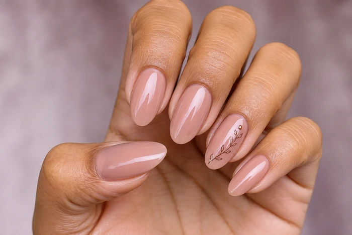 Rose nude nails with a delicate vine detail