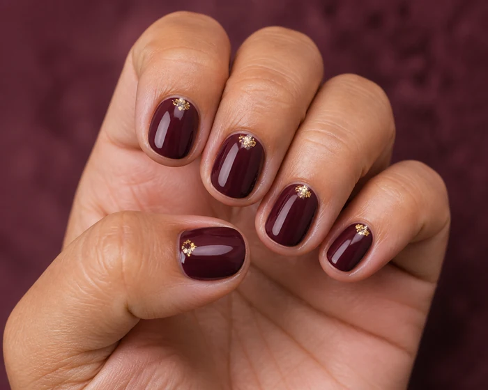 Short round wine nails with small gold foil fleck