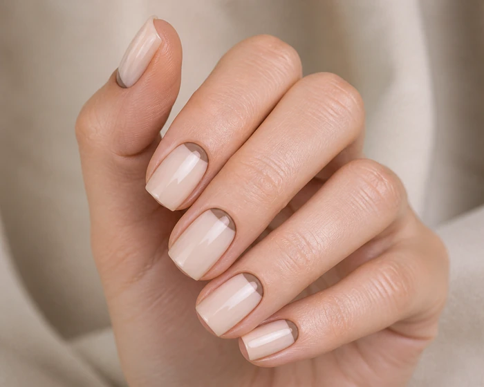 Sheer beige nails with cocoa half-moon negative space
