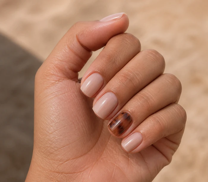 Sheer nude short square nails with one tortoiseshell accent