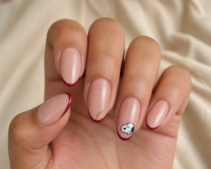 Nude cranberry French Thanksgiving nails with Snoopy accent