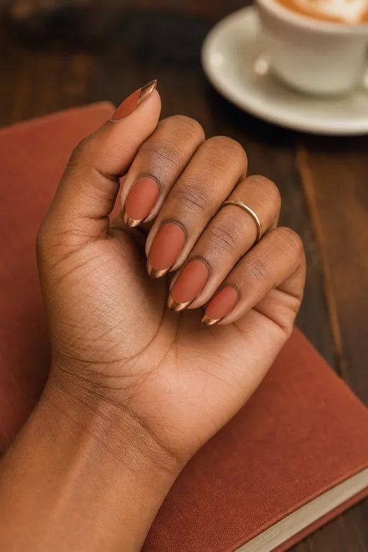 Fall chrome nails - terracotta bronze french