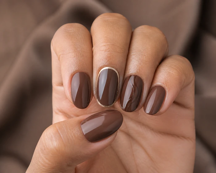 Cocoa Thanksgiving dip nails with champagne chrome edge