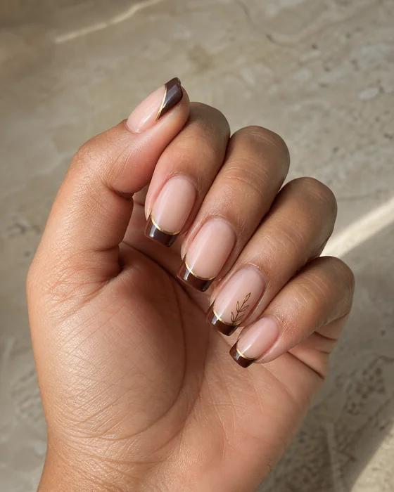 Espresso French Thanksgiving nails with fine gold outline