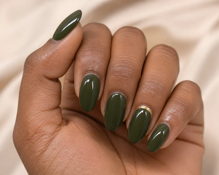 Deep olive Thanksgiving nail colour with a gold half-moon