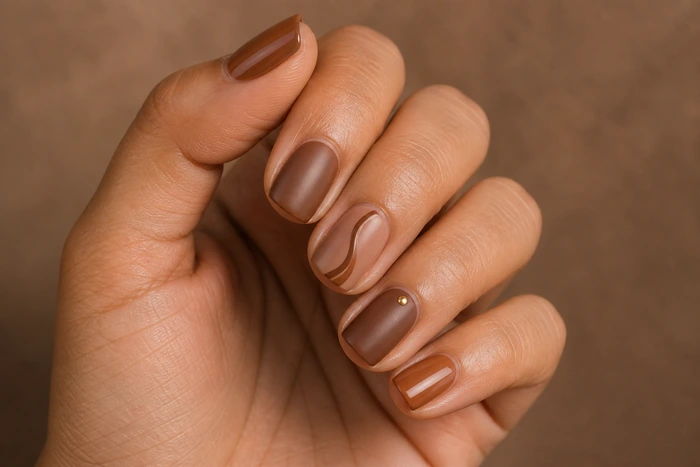 Short caramel nails with a cocoa wave and gold dot