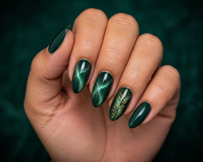 Emerald green magnetic cat eye winter nails with gold leaf line