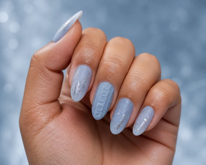 Frosted blue sweater nails with knit accent and silver foil