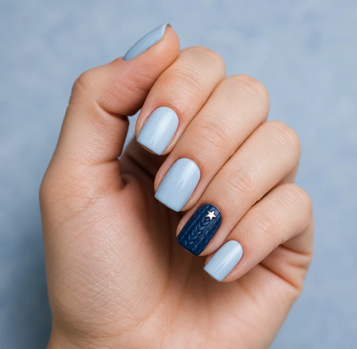 Pale blue sweater nails with navy cable detail and a silver star
