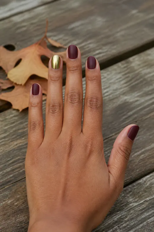 Fall chrome nails - burgundy with gold accent
