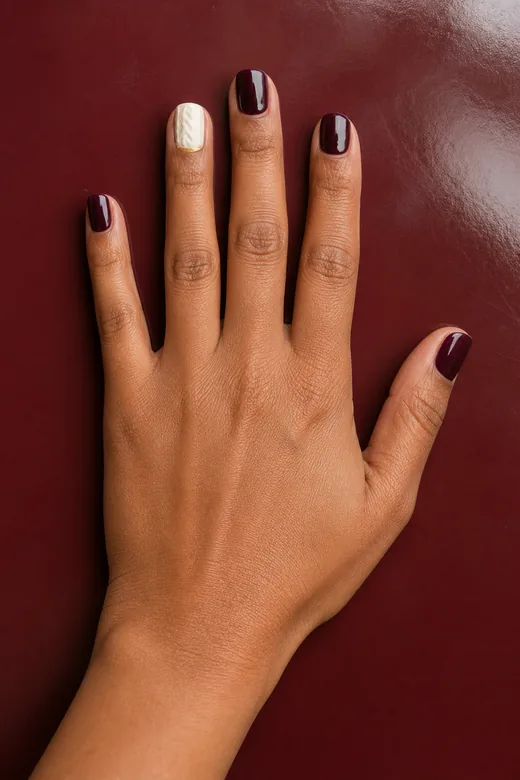 Short burgundy Christmas nails with an ivory knit accent