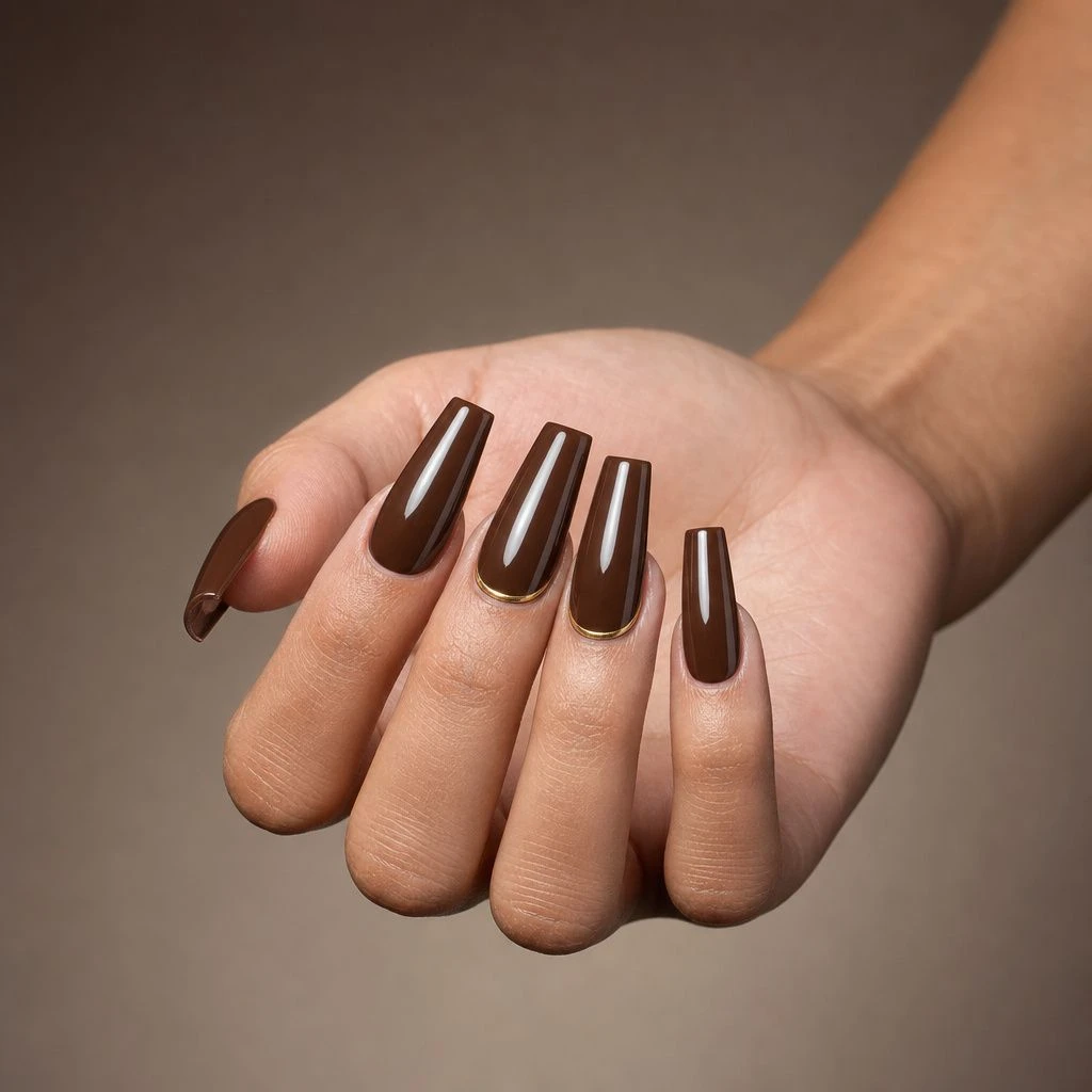 Chocolate brown coffin nails with fine gold line art