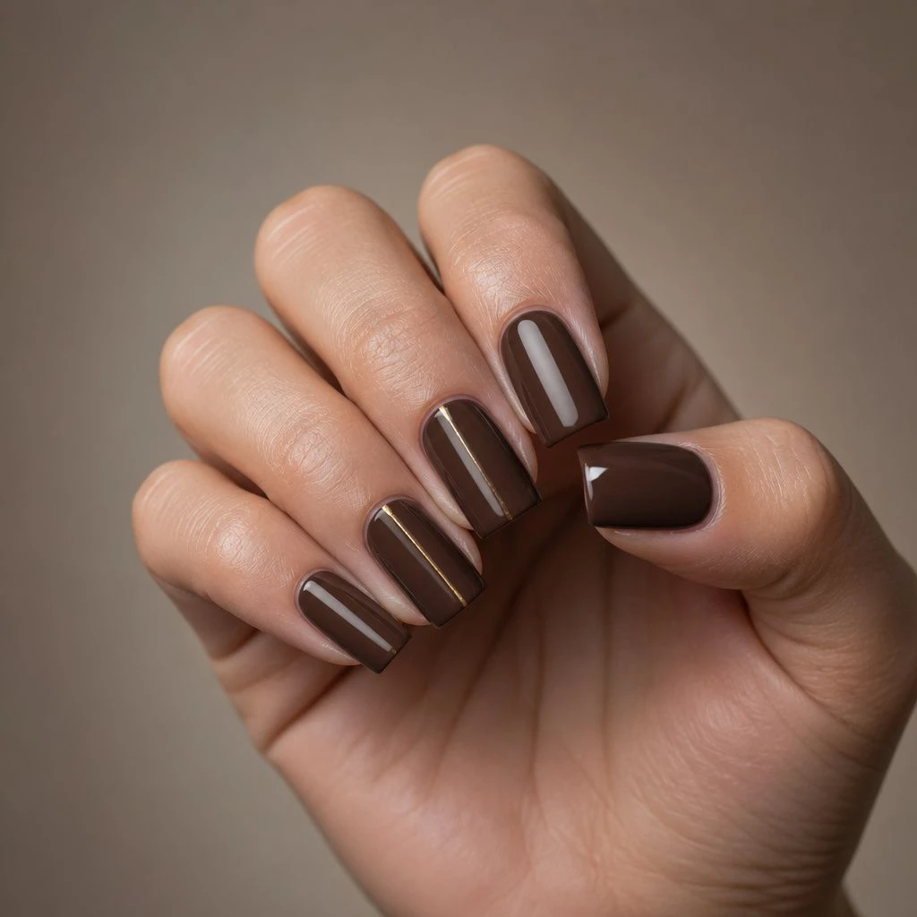 Chocolate brown square acrylic nails with gold line detail