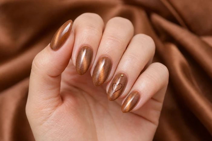 Caramel cat-eye nails with subtle glossy November shimmer