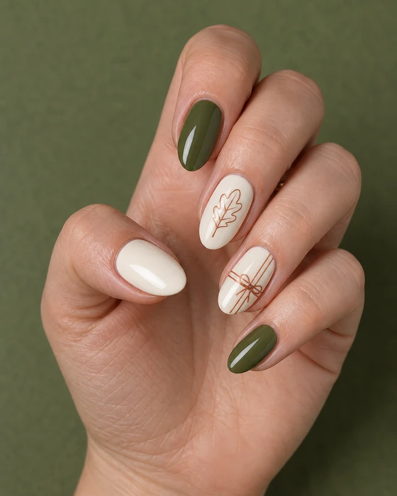 Cream and olive cute Thanksgiving nails with leaf and bow details