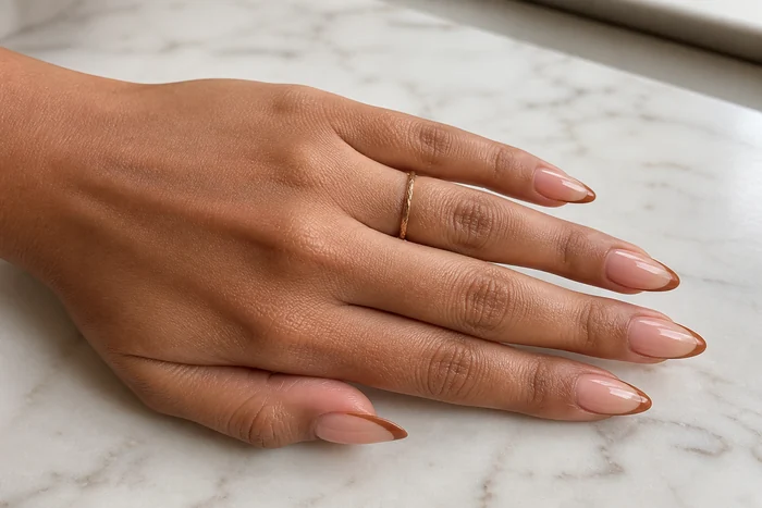 Caramel French tip acrylic nails with a thin gold ring