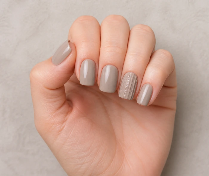 Mushroom square nails with taupe sweater panel and pearl glaze