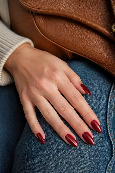 Long deep red almond nails resting on a handbag and denim
