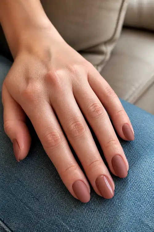 Matte dusty rose oval nails on denim
