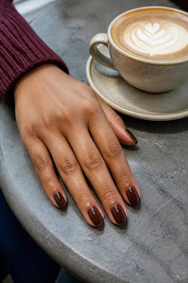Mocha espresso brown fall nails on a woman’s hand near a leather handbag.