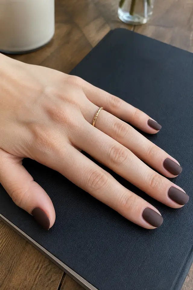 Short natural matte espresso nails on a woman’s hand beside a notebook.