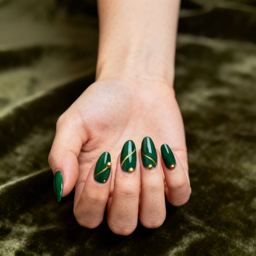 Deep olive cat-eye almond nails with gold line detail