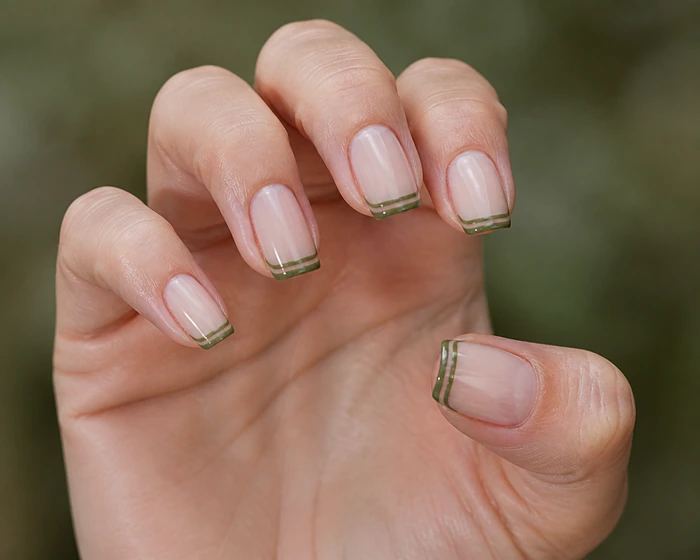 Medium nude square gel nails with olive double French tips