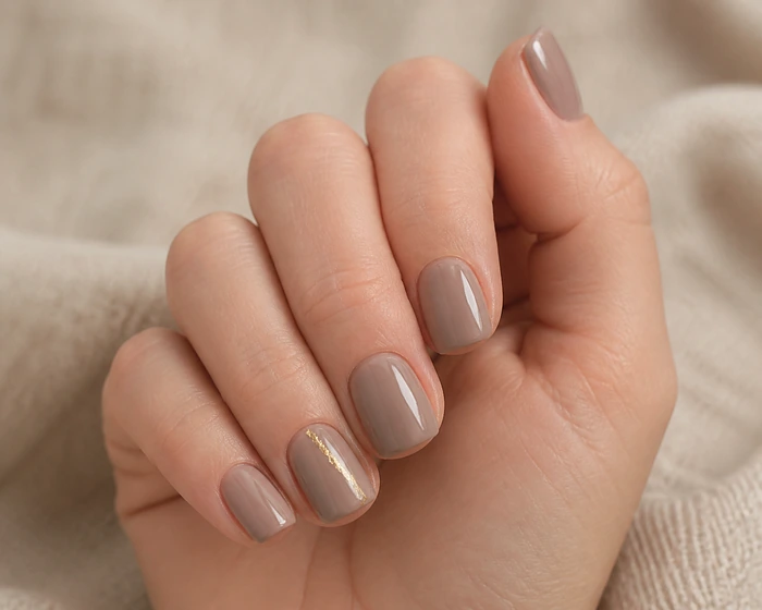 Short mushroom square nails with a delicate gold leaf line