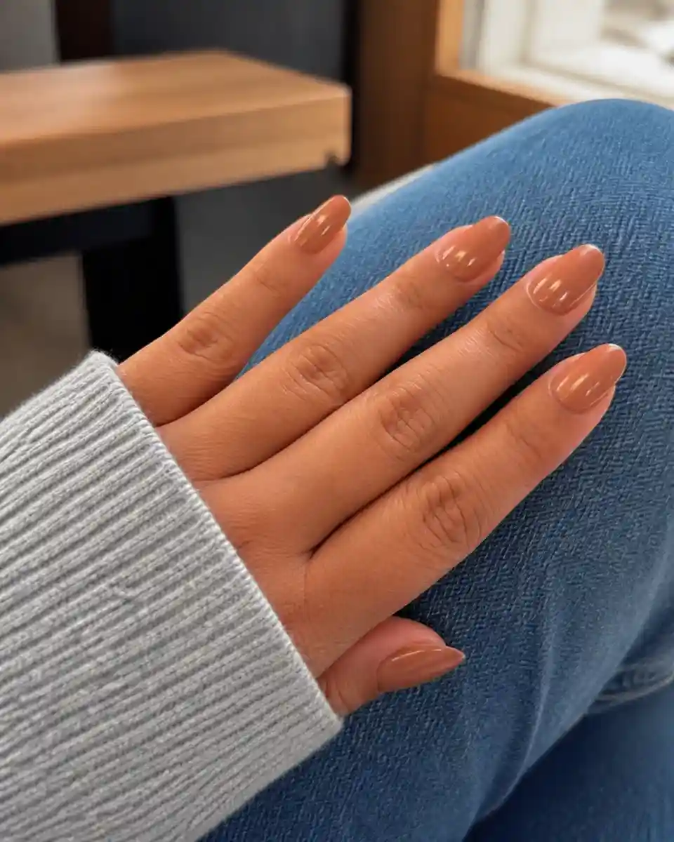 Nude ombre nails on a hand resting near a candlelit dinner table with roses