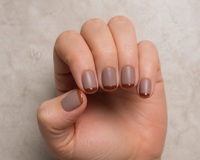 Short round mushroom nails with matte gloss tip split