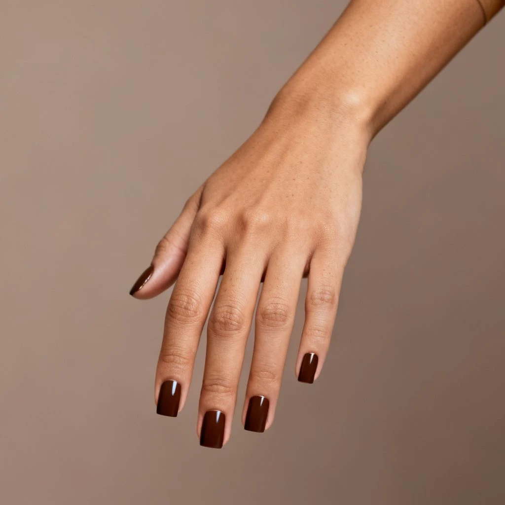 Short Square Mocha short autumn nail design on a woman’s hand.