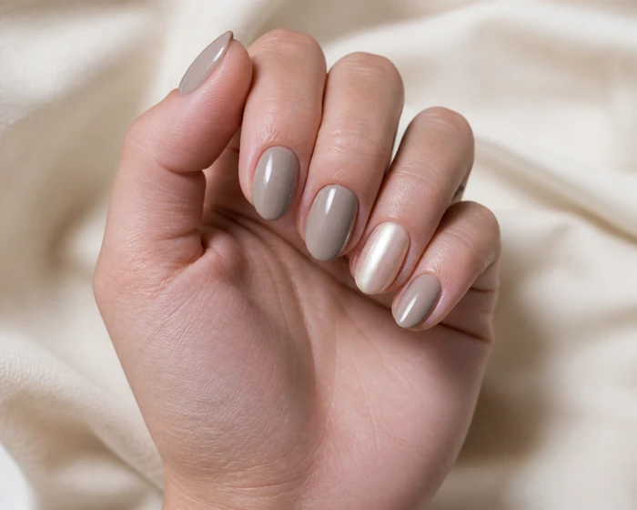 Mushroom taupe nails with a pearly glazed accent