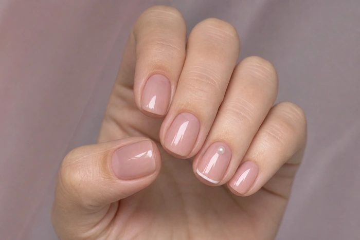 Rosy nude simple winter nails with pearl dot