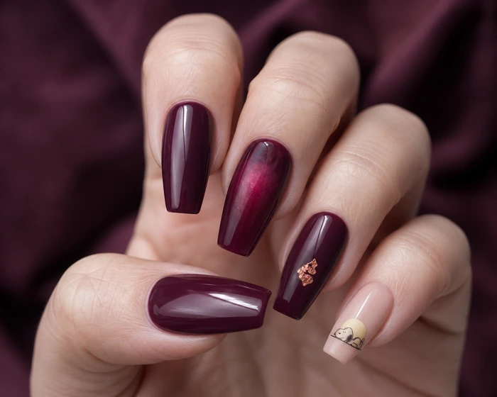 Plum Thanksgiving nails with sleeping Snoopy and copper foil