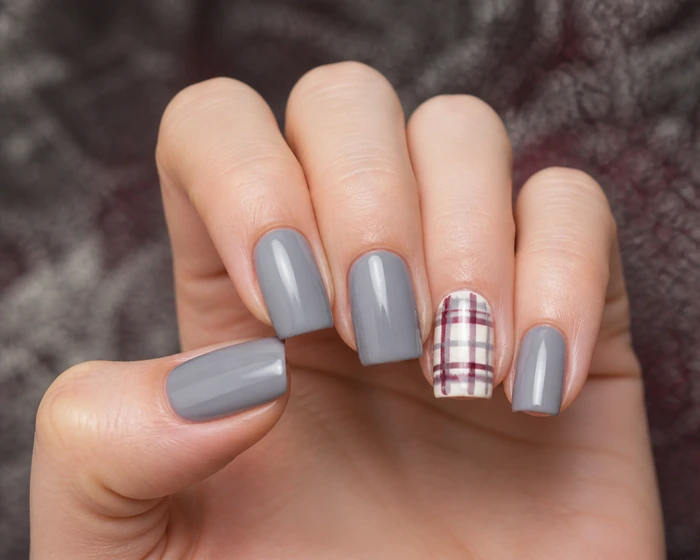 Soft gray sweater weather nails with wine cream plaid accent