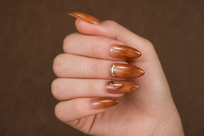 Long amber ombre acrylic Thanksgiving nails with gold crescent