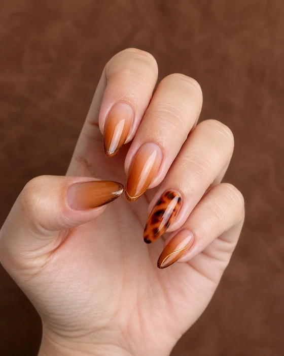 Long caramel almond nails with tortoiseshell and bronze tips