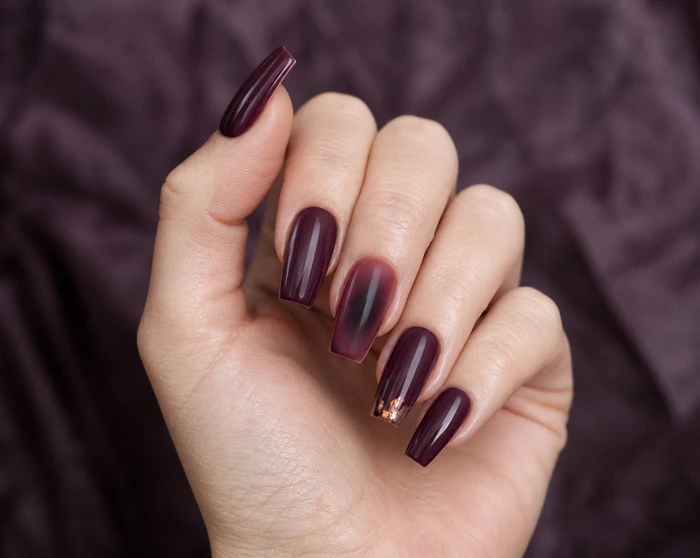 Plum Thanksgiving dip nails with copper foil accent
