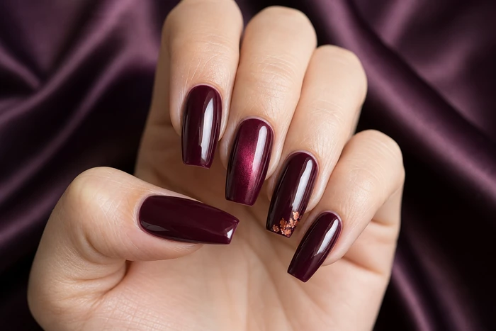 Plum Thanksgiving gel nails with copper foil accent