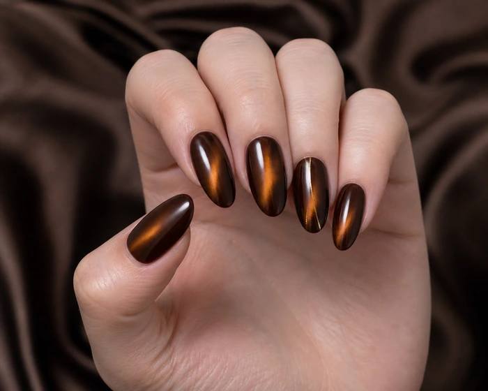 Chocolate cat-eye nails with amber glow