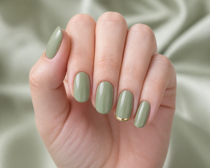 Soft sage green Thanksgiving nails with a gold detail