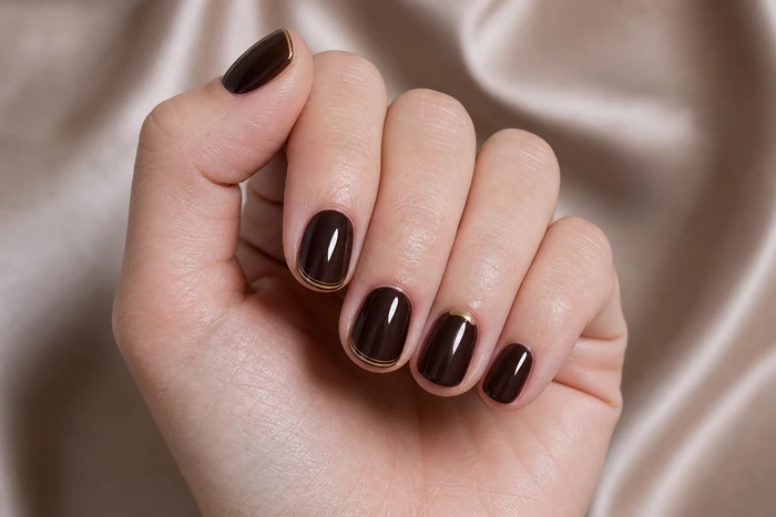 Short espresso nails with double caramel French tips
