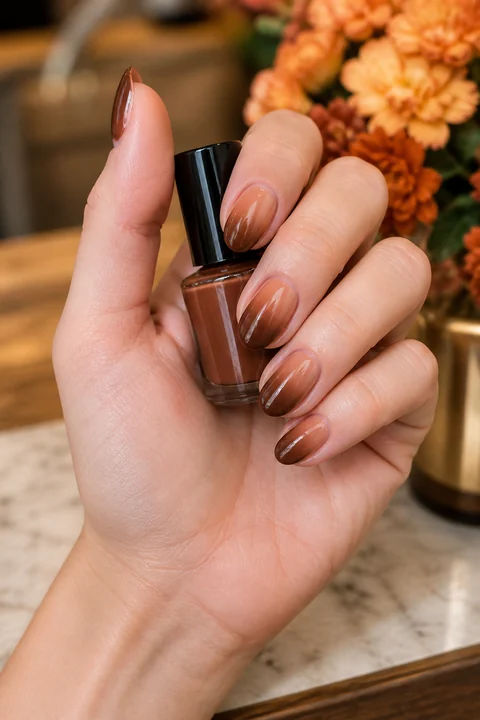Toffee brown ombre almond nails holding an unbranded nail polish bottle