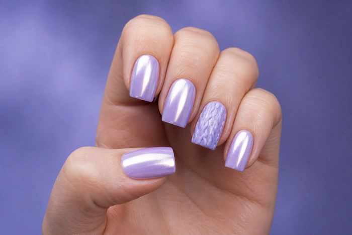 Pale lavender pearl chrome sweater nails with cable accent