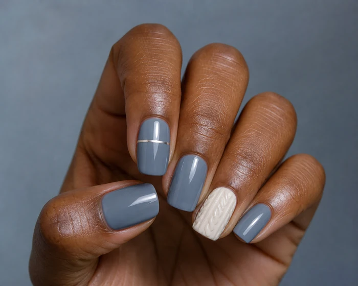 Blue gray sweater nails with cream cable knit accent