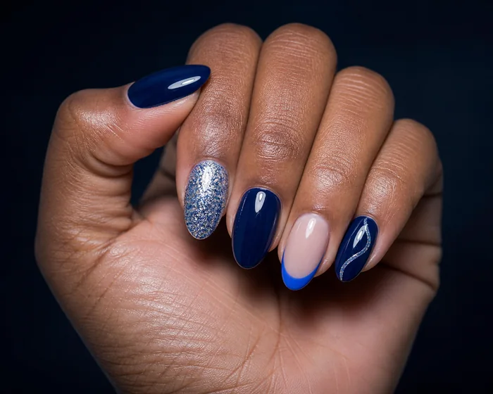 Navy winter nails with pearl wave