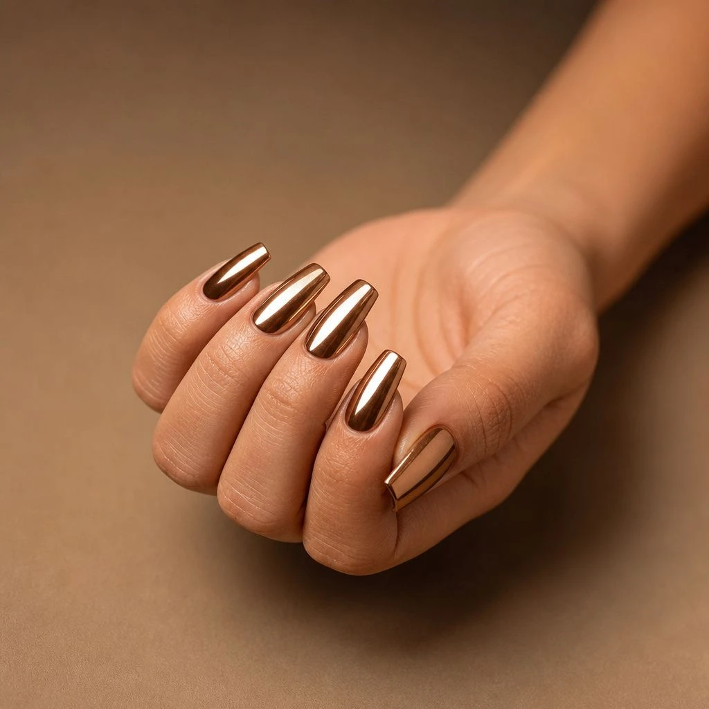 Bronze chrome long coffin nails