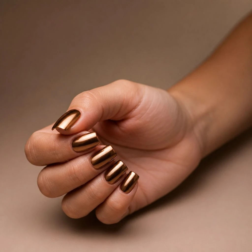 Bronze chrome long square acrylic nails